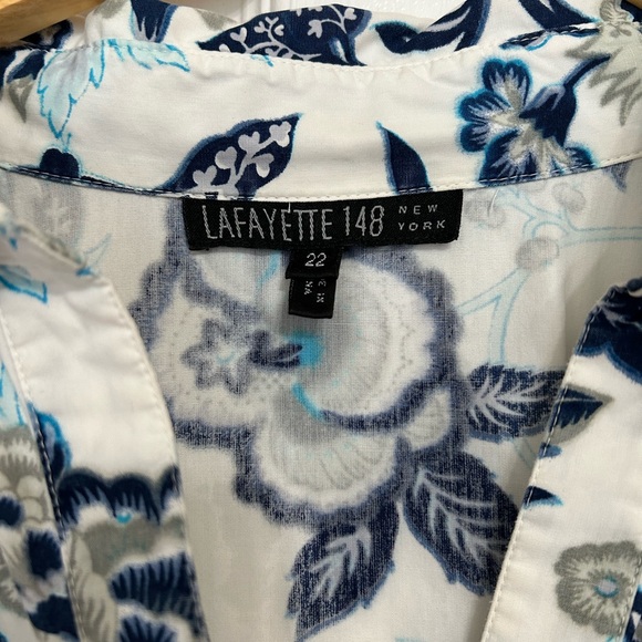 Lafayette 148 cotton button down shirt white blue gray floral print size 22 - Picture 5 of 10